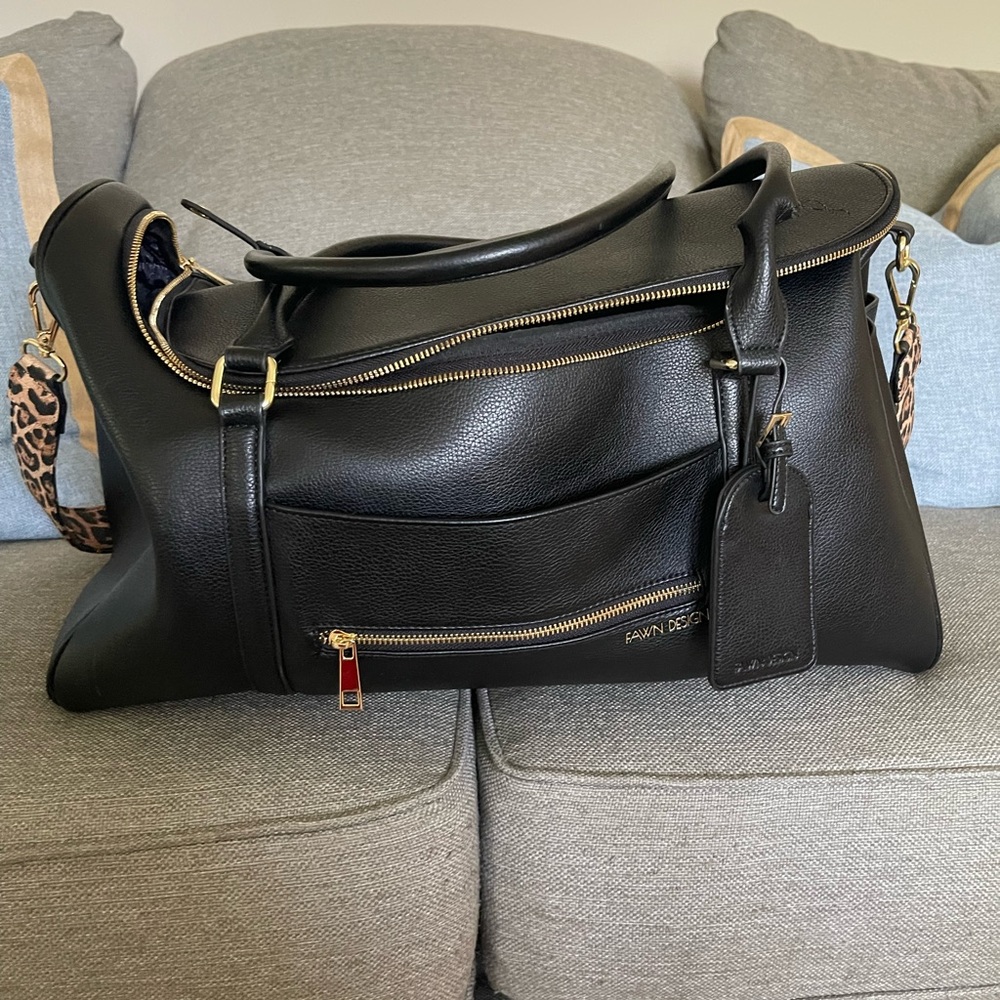 Fawn Design Weekender Bag in black with black strap & cheetah strap